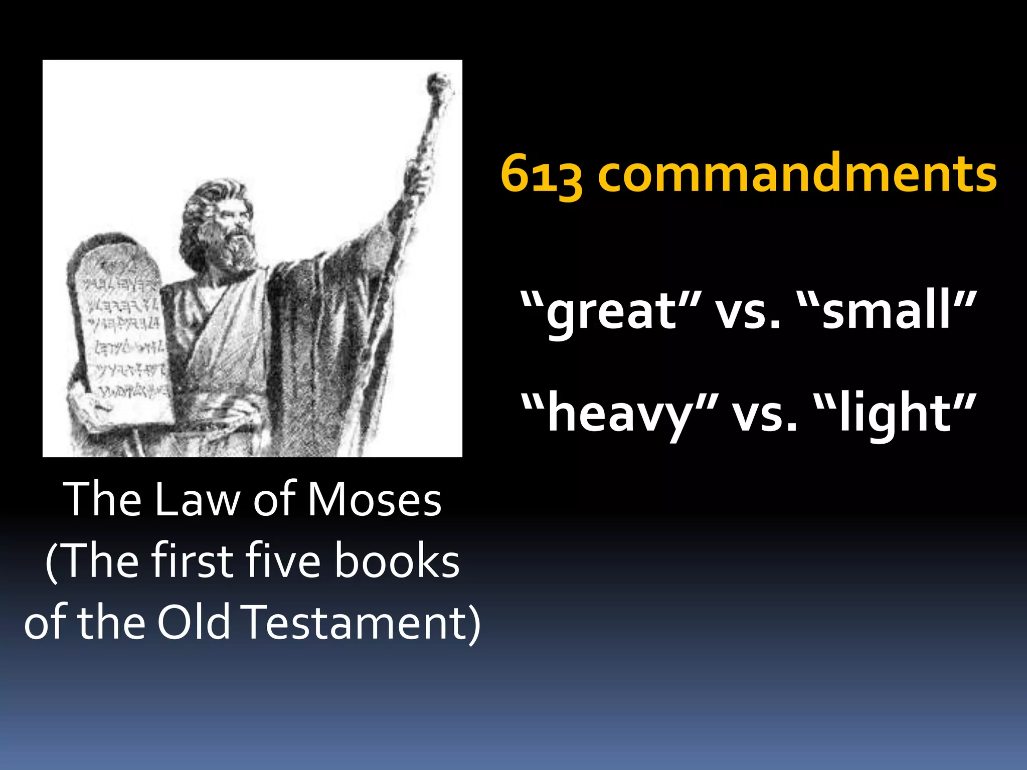 613 commandments
“great” vs. “small”
“heavy” vs. “light”
The Law of Moses
(The first five books
of the Old Testament)

 