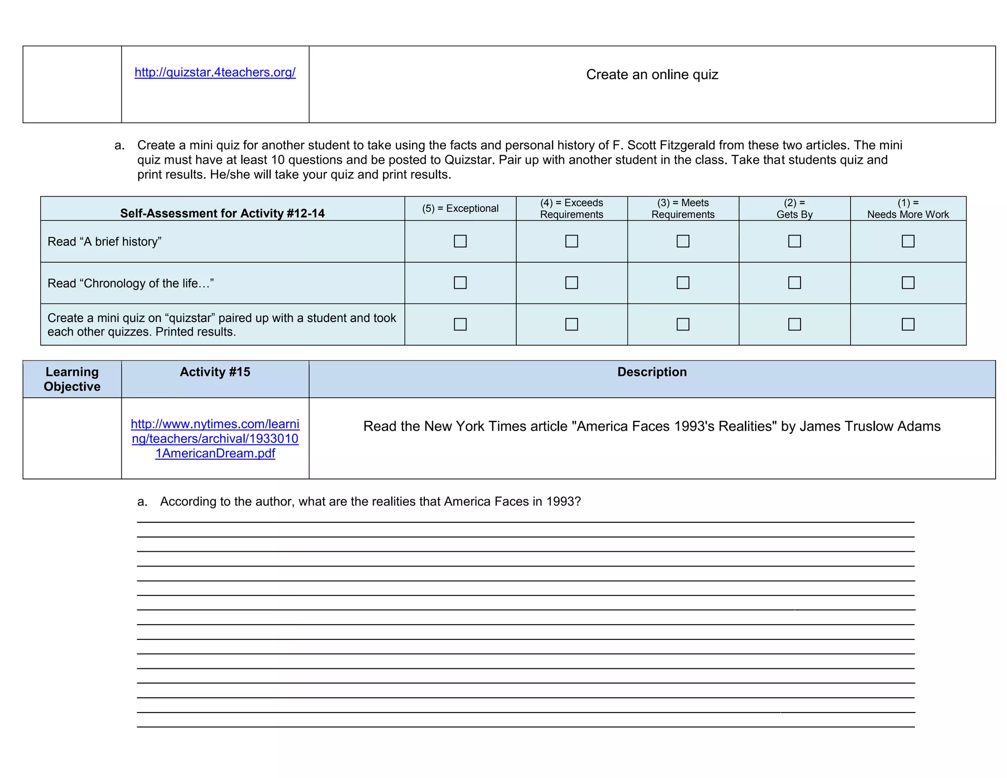 http://quizstar.4teachers.org/                                                    Create an online quiz




            a. Create a mini quiz for another student to take using the facts and personal history of F. Scott Fitzgerald from these two articles. The mini
               quiz must have at least 10 questions and be posted to Quizstar. Pair up with another student in the class. Take that students quiz and
               print results. He/she will take your quiz and print results.

                                                                                         (4) = Exceeds         (3) = Meets           (2) =               (1) =
                                                                     (5) = Exceptional
              Self-Assessment for Activity #12-14                                        Requirements         Requirements          Gets By         Needs More Work

Read “A brief history”


Read “Chronology of the life…”

Create a mini quiz on “quizstar” paired up with a student and took
each other quizzes. Printed results.


Learning                 Activity #15                                                                    Description
Objective

                http://www.nytimes.com/learni              Read the New York Times article "America Faces 1993's Realities" by James Truslow Adams
                ng/teachers/archival/1933010
                     1AmericanDream.pdf


                 a. According to the author, what are the realities that America Faces in 1993?
                 ______________________________________________________________________________________________________________
                 ______________________________________________________________________________________________________________
                 ______________________________________________________________________________________________________________
                 ______________________________________________________________________________________________________________
                 ______________________________________________________________________________________________________________
                 ______________________________________________________________________________________________________________
                 ______________________________________________________________________________________________________________
                 ______________________________________________________________________________________________________________
                 ______________________________________________________________________________________________________________
                 ______________________________________________________________________________________________________________
                 ______________________________________________________________________________________________________________
                 ______________________________________________________________________________________________________________
                 ______________________________________________________________________________________________________________
                 ______________________________________________________________________________________________________________
                 ______________________________________________________________________________________________________________
 