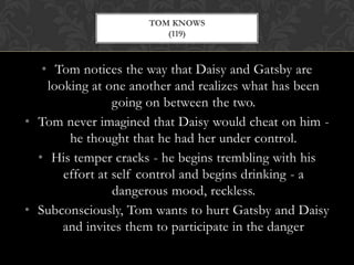 TOM KNOWS
                        (119)



   • Tom notices the way that Daisy and Gatsby are
    looking at one another and realizes what has been
                 going on between the two.
• Tom never imagined that Daisy would cheat on him -
        he thought that he had her under control.
  • His temper cracks - he begins trembling with his
       effort at self control and begins drinking - a
                 dangerous mood, reckless.
• Subconsciously, Tom wants to hurt Gatsby and Daisy
       and invites them to participate in the danger
 