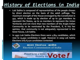 History of Elections in India
 Lok Sabha is composed of representatives of the people chosen
by direct election on the basis of the adult suffrage. The
maximum strength of the House envisaged by the Constitution is
552, which is made up by election of up to 530 members to
represent the States, up to 20 members to represent the Union
Territories and not more than two members of the Anglo-Indian
Community to be nominated by the President, if, in his/ her
opinion, that community is not adequately represented in the
lower house, Lok Sabha.
 In 1952 Lok Sabha Elections there were 1,874 candidates, which
rose to 13,952 candidates in 1996. However in 2009 Lok Sabha
Elections only 8,070 candidates contested.
 