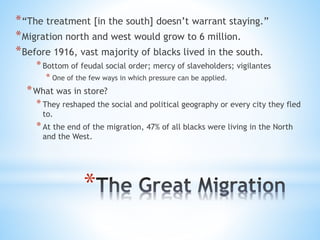 *
*“The treatment [in the south] doesn’t warrant staying.”
*Migration north and west would grow to 6 million.
*Before 1916, vast majority of blacks lived in the south.
*Bottom of feudal social order; mercy of slaveholders; vigilantes
* One of the few ways in which pressure can be applied.
*What was in store?
*They reshaped the social and political geography or every city they fled
to.
*At the end of the migration, 47% of all blacks were living in the North
and the West.
 