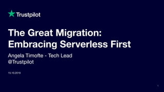 The Great Migration:
Embracing Serverless First
1
Angela Timofte - Tech Lead
@Trustpilot
15.10.2019
 