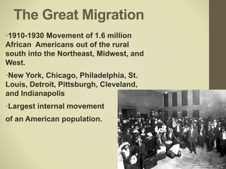 The Great Migration
•1910-1930 Movement of 1.6 million
African Americans out of the rural
south into the Northeast, Midwest, and
West.
•New York, Chicago, Philadelphia, St.
Louis, Detroit, Pittsburgh, Cleveland,
and Indianapolis
•Largest internal movement
of an American population.
 