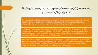 Ενδεχόμενες παραιτήσεις όσων εργάζονται ως
μισθωτοί/ές σήμερα
Στο προηγούμενο διάγραμμα φαίνεται ότι μόνο μία από τις σημαντικές συνθήκες που
να οδηγήσουν σε παραίτηση έχει αξιολογηθεί χαμηλά. Αν και στους άλλους δύο
υπήρχε αξιολόγηση κάτω του 5, μάλλον θα είχαν ήδη παραιτηθεί
Η ανάλυση όσων εργάζονται ως μισθωτοί/ές σήμερα είναι λίγο διαφορετική καθώς
το ενδεχόμενο παραίτησης στο μέλλον και όχι μία παραίτηση που έχει συμβεί. Για το
ρωτήσαμε όσους έχουν σκεφθεί ή σκέφτονται να παραιτηθούν να μας δώσουν την
να παραιτηθούν στο επόμενο χρονικό διάστημα.
Από τους 699 που εργάζονται ως μισθωτοί/ές σήμερα, επικεντρώνουμε την προσοχή
44% που απαντούν ότι υπάρχει πιθανότητα (>0) να παραιτηθούν στο επόμενο χρονικό
διάστημα στους λόγους που θα οδηγούσαν σε παραίτηση από την παρούσα θέση
στους παράγοντες που αυξάνουν την πιθανότητα παραίτησης.
 