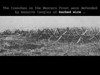 The trenches on the Western Front were defended by massive tangles of  barbed wire  … 