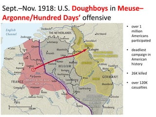 Sept.–Nov. 1918: U.S. Doughboys in Meuse–
Argonne/Hundred Days’ offensive
• over 1
million
Americans
participated
• deadliest
campaign in
American
history
• 26K killed
• over 120K
casualties
 