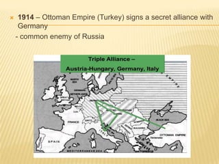 

1914 – Ottoman Empire (Turkey) signs a secret alliance with
Germany
- common enemy of Russia

 