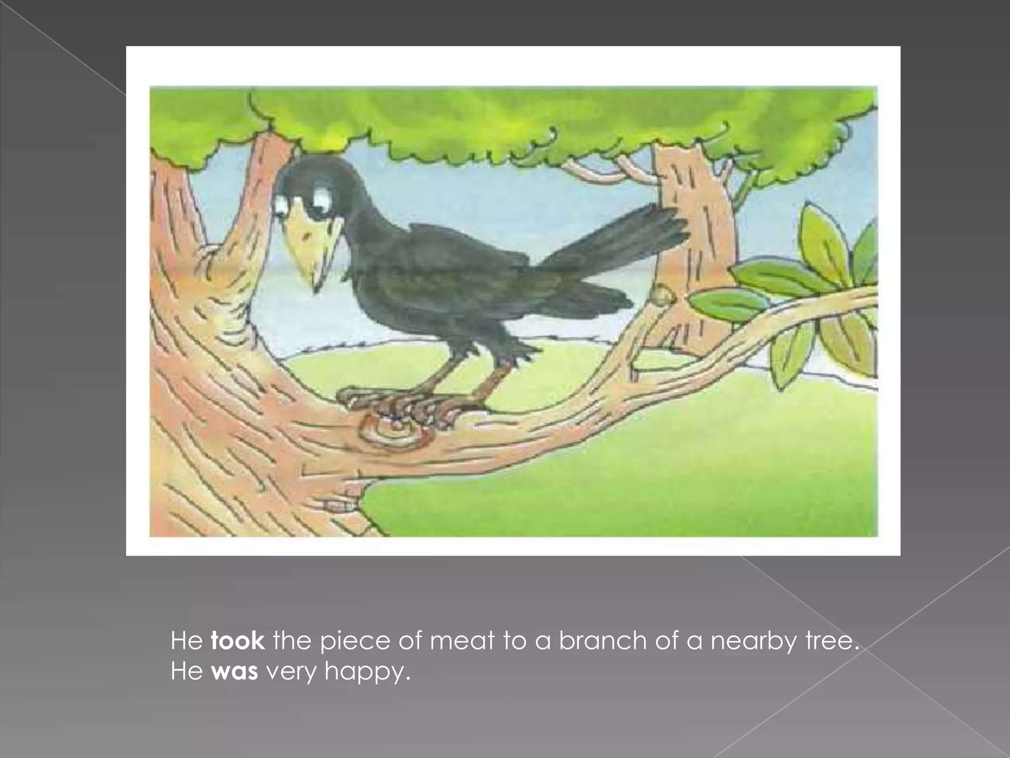He took the piece of meat to a branch of a nearby tree.
He was very happy.
 