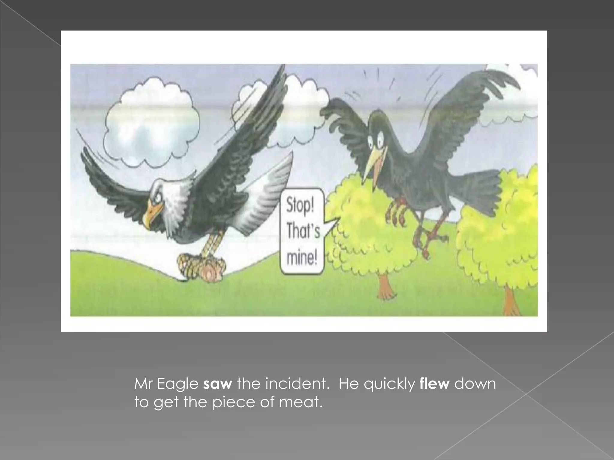 Mr Eagle saw the incident. He quickly flew down
to get the piece of meat.
 