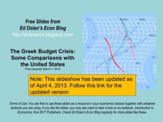 Free Slides from
      Ed Dolan’s Econ Blog
  http://dolanecon.blogspot.com/


The Greek Budget Crisis:
Some Comparisons with
    the United States
            Post prepared March 7, 2010



               Note: This slideshow has been updated as of
               April 4, 2013. Follow this link for the updated
               version:
               http://www.slideshare.net/dolaneconslide/why
Terms of Use: You are free to use these slides as a resource in your economics classes together with whatever
               -hasnt-the-us-become-another-greece
 textbook you are using. If you like the slides, you may also want to take a look at my textbook, Introduction to
      Economics, from BVT Publishers. Check Ed Dolan’s Econ Blog regularly for more slides like these.
 