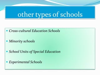other types of schools
 Cross-cultural Education Schools
 Minority schools
 School Units of Special Education
 Experimental Schools
 