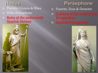  Parents: Cronos & Rhea
 Wife: Persephone
 Ruler of the underworld
Symbol: Helmet
 Parents: Zeus & Demeter
 Goddess of the underworld
& vegetation
 Symbol: Pomegranate
 