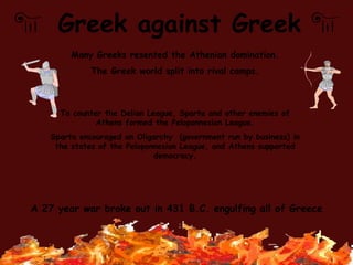 Greek against Greek Many Greeks resented the Athenian domination. The Greek world split into rival camps. To counter the Delian League, Sparta and other enemies of Athens formed the Peloponnesian League. Sparta encouraged an Oligarchy  (government run by business) in the states of the Peloponnesian League, and Athens supported democracy. A 27 year war broke out in 431 B.C. engulfing all of Greece 
