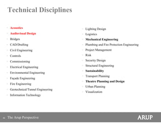 Technical Disciplines

     • Acoustics                         • Lighting Design
     • Audiovisual Design                • Logistics
     • Bridges                           • Mechanical Engineering
     • CAD/Drafting                      • Plumbing and Fire Protection Engineering
     • Civil Engineering                 • Project Management
     • Controls                          • Risk

     • Commissioning                     • Security Design

     • Electrical Engineering            • Structural Engineering
                                         • Sustainability
     • Environmental Engineering
                                         • Transport Planning
     • Façade Engineering
                                         • Theatre Planning and Design
     • Fire Engineering
                                         • Urban Planning
     • Geotechnical/Tunnel Engineering
                                         • Visualization
     • Information Technology




82   The Arup Perspective
 