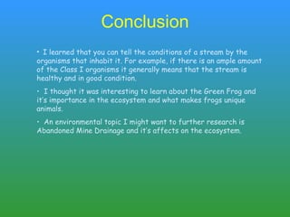 Conclusion I learned that you can tell the conditions of a stream by the organisms that inhabit it. For example, if there is an ample amount of the Class I organisms it generally means that the stream is healthy and in good condition. I thought it was interesting to learn about the Green Frog and it’s importance in the ecosystem and what makes frogs unique animals.  An environmental topic I might want to further research is Abandoned Mine Drainage and it’s affects on the ecosystem.  