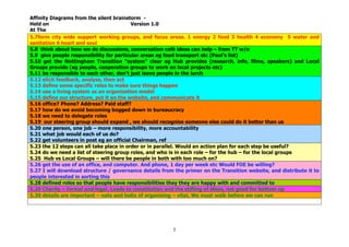 Affinity Diagrams from the silent brainstorm -
Held on                                   Version 1.0
At The
5.7form city wide support working groups, and focus areas. 1 energy 2 food 3 health 4 economy 5 water and
sanitation 6 heart and soul
5.8 think about how we do discussions, conversation café ideas can help – from TT w/e
5.9 give people responsibility for particular areas eg food transport etc (Paul’s list)
5.10 get the Nottingham Transition “system” clear eg Hub provides (research, info, films, speakers) and Local
Groups provide (eg people, cooperation groups to work on local projects etc)
5.11 be responsible to each other, don’t just leave people in the lurch
5.12 elicit feedback, analyse, then act
5.13 define some specific roles to make sure things happen
5.14 use a living system as an organisation model
5.15 define our structure, put it on the website, and communicate it
5.16 office? Phone? Address? Paid staff?
5.17 how do we avoid becoming bogged down in bureaucracy
5.18 we need to delegate roles
5.19 our steering group should expand , we should recognise someone else could do it better than us
5.20 one person, one job – more responsibility, more accountability
5.21 what job would each of us do?
5.22 get volunteers in post eg an official Chairman, ref
5.23 the 12 steps can all take place in order or in parallel. Would an action plan for each step be useful?
5.24 do we need a list of steering group roles, and who is in each role – for the hub – for the local groups
5.25 Hub vs Local Groups – will there be people in both with too much on?
5.26 get the use of an office, and computer. And phone, 1 day per week etc Would FOE be willing?
5.27 I will download structure / governance details from the primer on the Transition website, and distribute it to
people interested in sorting this
5.28 defined roles so that people have responsibilities thay they are happy with and committed to
5.29 Charity – formal and legal. Leads to constitution and the stifling of ideas, not good for bottom up
5.30 details are important – nuts and bolts of organising – vital. We must walk before we can run




                                                        5
 