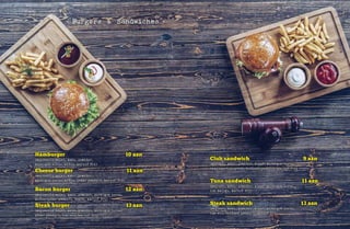 - Burgers & Sandwiches -
Hamburger 10 azn
(mayonezli salat, kahı, pomidor,
kornişon turşu, köftə, kartof fri)
Club sandwich 9 azn
(mayonez, kahı, pomidor, xiyar, kornişon turşu,
vetçina, toyuq əti, holland pendiri, kartof fri)
Tuna sandwich 11 azn
(mayonez, kahı, pomidor, xiyar, kornişon turşu,
ton balığı, kartof fri)
Steak sandwich 13 azn
(mayonez, kahı, pomidor, xiyar, kornişon turşu,
can əti, holland pendiri, kartof fri)
Cheese burger 11 azn
(mayonezli salat, kahı, pomidor,
kornişon turşu, köftə, çedar pendiri, kartof fri)
Bacon burger 12 azn
(mayonezli salat, kahı, pomidor, kornişon turşu,
köftə, çedar pendiri, bekon, kartof fri)
Steak burger 13 azn
(mayonezli salat, kahı, pomidor, kornişon turşu,
çedar pendiri, can əti, kartof fri)
 
