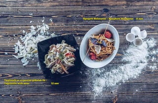 Taqliatelli ət və porçini göbələk ilə /
Tagliatelle with meat 12 azn
(can əti dilimləri, porçini göbələyi, qurudulmuş pomidor,
parmezan, krem sousu)
Spaqetti Bolonyeze / Spaghetti Bolognese 11 azn
(qiymə, pomidor sousu, ədviyyatlar)
 