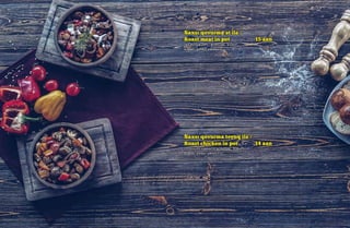 Saxsı qovurma ət ilə /
Roast meat in pot 15 azn
(ət dilimləri, göbələk, bibər,
soğan, çedar pendiri)
Saxsı qovurma toyuq ilə /
Roast chicken in pot 14 azn
(toyuq dilimləri, göbələk, bibər,
soğan, çedar pendiri)
 