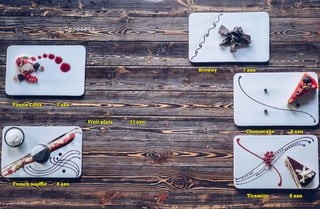 - Desserts -
Tiramisu 8 azn
Cheesecake 8 azn
Browny 7 azn
Panna Cotta 7 azn
Fruit plate 13 azn
French souffle 8 azn
 