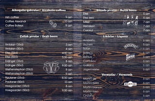 Alkoqollu qəhvələr / Alcoholic coffees
Likörlər / Liqueur
Vermutlar / Vermouth
Çəllək pivələr / Draft beers
Şüşədə pivələr / Bottle beers
9 azn
10 azn
9 azn
Xırdalan (33cl)
Xırdalan (50cl)
Efes (33cl)
Efes (50cl)
Erdinger (33cl)
Erdinger (50cl)
Weihenstephan (33cl)
Weihenstephan (50cl)
Paulaner (33cl)
Paulaner (50cl)
Hoegaarden (33cl)
Hoegaarden (50cl)
3 azn
4 azn
4.50 azn
5.50 azn
8 azn
9.50 azn
8 azn
9 azn
8.50 azn
10 azn
8 azn
9.50 azn
Amaretto
Archers
Safari
Bailey’s
Kahlua
Cointreau
Galliano
Jagermeister
6 azn
5 azn
6 azn
6 azn
5 azn
6 azn
6 azn
6 azn
Martini dry
Martini extra
Martini bianco
Martini rosso
CinZano
6 azn
6 azn
6 azn
6 azn
6 azn
Efes
Efes zero
Miller
Heineken
Corona
5 azn
5 azn
7 azn
7 azn
7 azn
 