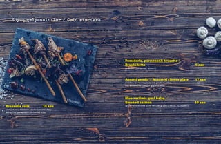 Soyuq qəlyanaltılar / Cold starters
Breasolla rolls 14 azn
(radika otu, Rikotta pendirinə sarılmış
Brezolla, parmezanlı Grissini ilə)
Pomidorlu, parmezanlı bruşetta /
Brushchetta 6 azn
(pomidor, parmezan, suxari)
Assorti pendir / Assorted cheese plate 17 azn
(rokfor, parmezan, holland pendiri, edam,
top mozarella, pendir göyərti ilə)
Hisə verilmiş qızıl balıq /
Smoked salmon 10 azn
(göyərti üzərində hisə verilmiş qızıl balıq dilimləri)
 