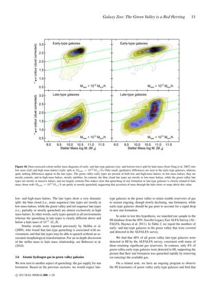 Early-type galaxies

3.0

11

Early-type galaxies

2.5
2.0
1.5
1.0

0.0

u-r colour (dust corrected)

Galaxy Zoo: The Green Valley is a Red Herring

Mhalo < 1012 Msun/h

Mhalo > 1012 Msun/h

Late-type galaxies

3.0

Late-type galaxies

2.5
2.0
1.5
1.0

0.0

u-r colour (dust corrected)

0.5

Mhalo < 1012 Msun/h

0.5
9.0

9.5
10.0 10.5 11.0 11.5
Stellar Mass log M* (M O)
•

Mhalo > 1012 Msun/h
9.0

9.5
10.0 10.5 11.0 11.5
Stellar Mass log M* (M O)
•

Figure 10. Dust-corrected colour-stellar mass diagrams of early- and late-type galaxies (top- and bottom rows) split by halo mass (from Yang et al. 2007) into
low mass (left) and high mass haloes (right; split at Mhalo = 1012 M /h). Only small, qualitative differences are seen in the early-type galaxies, whereas
quite striking differences appear in the late types. The green valley early types are present in both low and high-mass haloes; in low-mass haloes, they are
mostly centrals, and in high mass haloes, mostly satellites. In contrast, the blue cloud late types are mostly in low-mass haloes, while the green valley late
types are mostly in massive haloes, and are largely centrals.This makes clear that quenching of star formation in late-type galaxies is closely related to halo
mass; those with Mhalo = 1012 M /h are partly or mostly quenched, suggesting that accretion of mass through the halo slows or stops above this value.

low- and high-mass haloes. The late types show a very dramatic
split: the blue cloud (i.e., main sequence) late types are mostly in
low-mass haloes, while the green valley and red sequence late types
(i.e., partially or mostly quenched) are almost exclusively in high
mass haloes. In other words, early types quench in all environments
whereas the quenching in late types is clearly different above and
below a halo mass of 1012 M /h.
Similar results were reported previously by Skibba et al.
(2009), who found that late-type quenching is associated with environment, and that late types may be able to quench without an associated morphological transformation. For an in-depth discussion
of the stellar mass to halo mass relationship, see Behroozi et al.
(2010)

3.6

Atomic hydrogen gas in green valley galaxies

We now turn to another aspect of quenching: the gas supply for star
formation. Based on the previous sections, we would expect latec 2013 RAS, MNRAS 000, 1–20

type galaxies in the green valley to retain sizable reservoirs of gas
to sustain ongoing, though slowly declining, star formation, while
early-type galaxies should be gas poor to account for a rapid drop
in new star formation.
In order to test this hypothesis, we matched our sample to the
HI database from the 40% Arecibo Legacy Fast ALFA Survey (ALFALFA; Haynes et al. 2011). In Table 2, we report the numbers of
early- and late-type galaxies in the green valley that were covered
and detected in the ALFALFA survey.
We ﬁnd that 48% of all green valley late-type galaxies were
detected in HI by the ALFALFA survey, consistent with many of
them retaining signiﬁcant gas reservoirs. In contrast, only 8% of
green valley early-type galaxies were detected in HI, supporting the
picture that their star formation was quenched rapidly by removing
(or ionizing) the available gas.
On a related note, we have an ongoing program to observe
the HI kinematics of green valley early-type galaxies and ﬁnd that

 