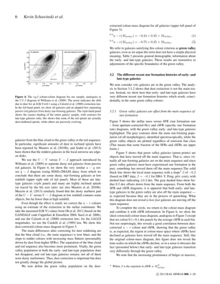 6

Kevin Schawinski et al.
corrected colour-mass diagram for all galaxies (upper left panel of
Figure 3):
0.0

2.0

All galaxies

(1)

u − r(Mstellar ) = −0.75 + 0.25 × Mstellar .

(2)

We refer to galaxies satisfying this colour criterion as green valley
galaxies, even as we argue this term does not have a simple physical
meaning. Table 1 presents general demographic information about
the early- and late-type galaxies. These results are insensitive to
adjustments of the speciﬁc boundaries of the green valley.

Late-type galaxies (contours)

1.8

u-g colour

u − r(Mstellar ) = −0.24 + 0.25 × Mstellar ,

0.0

1.6
1.4
1.2

3.2
1.0
E(B-V)=0.1

0.8
0.5

1.0

1.5
2.0
g-J colour

2.5

0.5

1.0

1.5
2.0
g-J colour

2.5

Figure 4. The ugJ colour-colour diagram for our sample, analogous to
the U V J diagram of Williams et al. (2009). The arrow indicates the shift
due to dust for an E(B-V)=0.1 using a Calzetti et al. (2000) extinction law.
In the left-hand panel, we show all galaxies and an adapted box separating
passive red galaxies from dusty star-forming galaxies. The right-hand panel
shows the (same) shading of the entire galaxy sample, with contours for
late-type galaxies only; this shows that some of the red spirals are actually
dust-reddened spirals, while others are passively evolving.

galaxies from the blue cloud to the green valley or the red sequence.
In particular, signiﬁcant amounts of dust in inclined spirals have
been reported by Masters et al. (2010b), and Sodré et al. (2013)
have shown that the reddest galaxies in the local universe are edgeon disks.
We use the U − V versus V − J approach introduced by
Williams et al. (2009) to separate dusty red galaxies from passive
red galaxies. In Figure 4, we show the very similar u − g versus g − J diagram (using SDSS+2MASS data), from which we
conclude that there are some dusty, star-forming galaxies at low
redshift (upper right side of left panel). Most of these are latetype galaxies (right panel) and many are highly inclined spirals
(as traced by the b/a axis ratio; see also Masters et al. 2010b).
Muzzin et al. (2013) similarly found that the dusty starburst part
of the U − V versus V − J diagram at low redshift contains some
objects, but far fewer than at high redshift.
Even though the effect is small, we correct the u − r colours
using an estimate of the extinction in the stellar continuum. We
take the measured E(B-V) values from Oh et al. 2011 (based on the
GANDALF code Cappellari & Emsellem 2004; Sarzi et al. 2006),
and use the Calzetti et al. (2000) extinction law; for the GALEX
magnitudes, we use the Cardelli et al. (1989) law. We show this
dust-corrected colour-mass diagram in Figure 3.
The main differences after correcting for dust reddening are
that the blue cloud (i.e., the main sequence) is now bluer, and the
slope to redder colours with increasing mass ﬂattens (presumably
driven by dust from higher SFRs). The separation of the blue cloud
and red sequence also becomes more prominent. Vitally, the green
valley population in both the early- and late-type population does
not disappear, and red late-type galaxies remain; not all of them
were dusty starformers. Thus, dust correction is important but does
not greatly change the global picture.
We now deﬁne the green valley population on the dust-

The different recent star formation histories of early- and
late-type galaxies

We now consider why galaxies are in the green valley. The analysis in Section 3.1.2 shows that dust extinction is not the main reason. Instead, we show here that early- and late-type galaxies have
very different recent star formation histories which result, coincidentally, in the same green valley colours.
3.2.1

Green valley galaxies are offset from the main sequence of
star formation

Figure 5 shows the stellar mass versus SFR (star formation rate
– from aperture-corrected Hα) and sSFR (speciﬁc star formation
rate) diagrams, with the green valley early- and late-type galaxies
highlighted. The grey contours show the main star-forming population (of all morphologies), identiﬁed spectroscopically, while the
green valley objects are plotted regardless of emission line class
(This means that some fraction of the SFRs and sSFRs are upper
limits.)
Figure 5 shows that green valley galaxies (green points) are
objects that have moved off the main sequence. That is, since virtually all star-forming galaxies are on the main sequence and since
green valley galaxies must have experienced star formation in the
past, something has moved them off the main sequence.The solid
black line shows the local main sequence with a slope4 β of −0.2
(based on DR7 data; β = −0.1 for DR4; Y. Peng, priv. com), with
dashed lines indicating ±0.3 dex. The gray dashed lines show further 0.3 dex offsets down from the main sequence. From both the
SFR and sSFR diagrams, it is apparent that both early- and latetype galaxies in the green valley are also off the main sequence —
as expected because they are in the process of quenching. What
this diagram does not reveal is how fast galaxies are moving off the
main sequence.
To complete the circle, we return to the colour-mass diagram
and combine it with sSFR information. In Figure 6, we show the
(dust-corrected) colour-mass diagram, analogous to Figure 3 except
that we colour 0.1×0.1 dex panels by the average sSFR in each bin.
Not too surprisingly, this reveals a good correlation between dustcorrected u − r colour and sSFR, showing that the green valley
is, as expected, the region in colour-mass space where sSFRs have
declined as galaxies have moved off the main sequence. Still, like
the original colour-mass diagram, this ﬁgure does not reveal the
time scales on which the sSFRs decline, so in a sense it obscures the
fact (presented below) that early- and late-type galaxies transition
very differently through the green valley.
We note that the increasing prominence of bulges in massive,
4

β
Where β is the exponent in sSFR ∝ Mstellar .

c 2013 RAS, MNRAS 000, 1–20

 