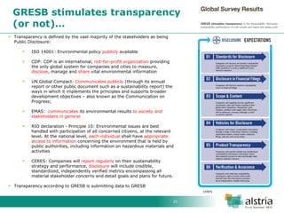 21 
GRESB stimulates transparency (or not)… 
Transparency is defined by the vast majority of the stakeholders as being Public Disclosure: 
ISO 14001: Environmental policy publicly available 
CDP: CDP is an international, not-for-profit organization providing the only global system for companies and cities to measure, disclose, manage and share vital environmental information 
UN Global Compact: Communicates publicly (through its annual report or other public document such as a sustainability report) the ways in which it implements the principles and supports broader development objectives – also known as the Communication on Progress; 
EMAS: communicates its environmental results to society and stakeholders in general 
RIO declaration - Principle 10: Environmental issues are best handled with participation of all concerned citizens, at the relevant level. At the national level, each individual shall have appropriate access to information concerning the environment that is held by public authorities, including information on hazardous materials and activities 
CERES: Companies will report regularly on their sustainability strategy and performance, disclosure will include credible, standardized, independently verified metrics encompassing all material stakeholder concerns and detail goals and plans for future. 
Transparency according to GRESB is submitting data to GRESB 
CERES  