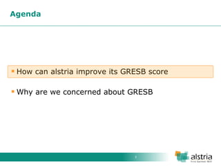 3 
How can alstria improve its GRESB score 
Why are we concerned about GRESB 
Agenda  