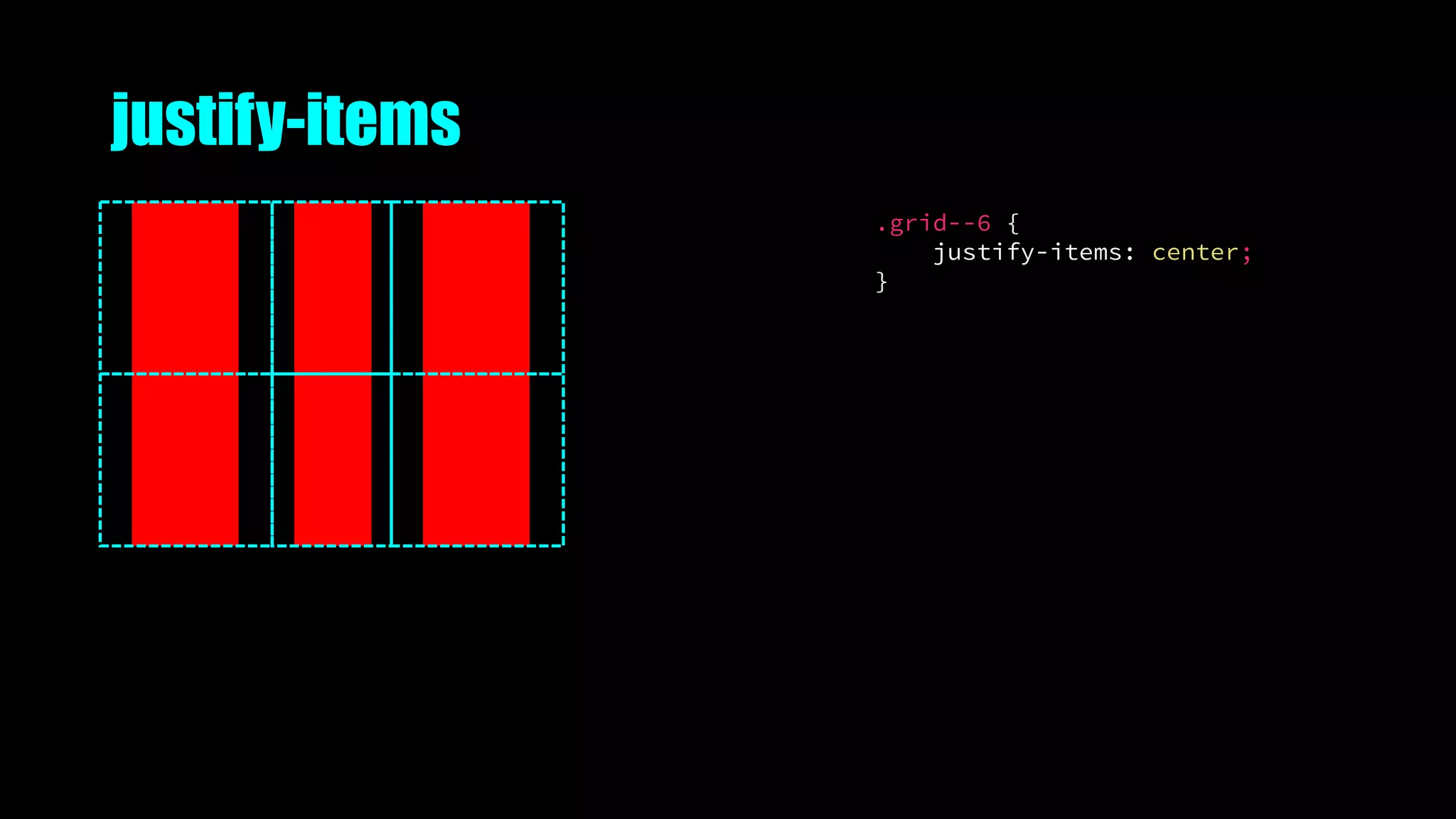 justify-items
.grid--6 {
justify-items: center;
}
 