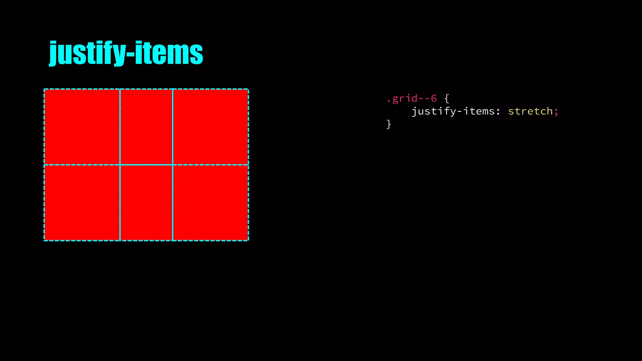 justify-items
.grid--6 {
justify-items: stretch;
}
 