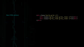 Basic HTML structure <div class="grid grid--1">
<div class="grid__item grid__item--1">1</div>
<div class="grid__item grid__item--2">2</div>
</div>
 
