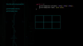 Describe grid using properties:
grid-template-columns
grid-template-rows
.grid--1 {
grid-template-columns: 100px 100px 100px;
grid-template-rows: auto auto;
}
 
