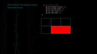 Span an item over more tracks by changing
column-end/ row-end
B
.grid__item--2 {
grid-column-start: 2;
grid-column-end: 4;
grid-row-start: 2;
grid-row-end: 3;
}
 