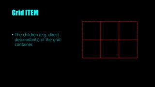 Grid ITEM
• The children (e.g. direct
descendants) of the grid
container.
 