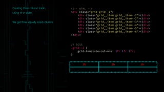 Creating three column tracks.
Using 1fr in width
We get three equally sized columns
1fr 1fr 1fr
<!-- HTML -->
<div class="grid grid--2">
<div class="grid__item grid__item--1"></div>
<div class="grid__item grid__item--2"></div>
<div class="grid__item grid__item--3"></div>
<div class="grid__item grid__item--4"></div>
<div class="grid__item grid__item--5"></div>
<div class="grid__item grid__item--6"></div>
</div>
// SCSS
.grid--2 {
grid-template-columns: 1fr 1fr 1fr;
}
 