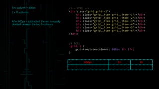 First column = 600px
2 x 1fr columns
After 600px is subtracted, the rest is equally
devided between the two fr-columns
600px 1fr 1fr
<!-- HTML -->
<div class="grid grid--2">
<div class="grid__item grid__item--1"></div>
<div class="grid__item grid__item--2"></div>
<div class="grid__item grid__item--3"></div>
<div class="grid__item grid__item--4"></div>
<div class="grid__item grid__item--5"></div>
<div class="grid__item grid__item--6"></div>
</div>
// SCSS
.grid--2 {
grid-template-columns: 600px 1fr 1fr;
}
 