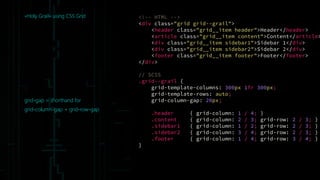 <!-- HTML -->
<div class="grid grid--grail">
<header class="grid__item header">Header</header>
<article class="grid__item content">Content</article>
<div class="grid__item sidebar1">Sidebar 1</div>
<div class="grid__item sidebar2">Sidebar 2</div>
<footer class="grid__item footer">Footer</footer>
</div>
// SCSS
.grid--grail {
grid-template-columns: 300px 1fr 300px;
grid-template-rows: auto;
grid-column-gap: 20px;
.header { grid-column: 1 / 4; }
.content { grid-column: 2 / 3; grid-row: 2 / 3; }
.sidebar1 { grid-column: 1 / 2; grid-row: 2 / 3; }
.sidebar2 { grid-column: 3 / 4; grid-row: 2 / 3; }
.footer { grid-column: 1 / 4; grid-row: 3 / 4; }
}
«Holy Grail» using CSS Grid
grid-gap = shorthand for
grid-column-gap + grid-row-gap
 