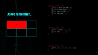 As we remember…
.grid__item--1 {
grid-column: 1 / 3;
grid-row: 1 / 2;
}
.grid__item--1 {
grid-column-start: 1;
grid-column-end: 3;
grid-row-start: 1;
grid-row-end: 2;
}
.grid__item--1 {
grid-area: 1 / 1 / 3 / 2;
}
A
 