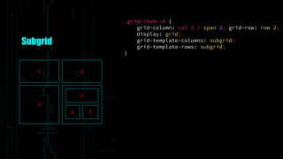 .grid-item--4 {
grid-column: col 3 / span 2; grid-row: row 2;
display: grid;
grid-template-columns: subgrid;
grid-template-rows: subgrid;
}
Subgrid
1 2
3
5
6 7
 