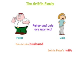The Griffin Family




              Peter and Lois
               are married

Peter                              Lois

Peter is Lois’s husband

                          Lois is Peter’s wife
 
