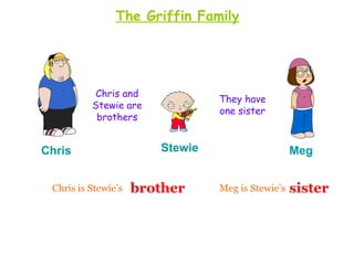 The Griffin Family




           Chris and
                                 They have
          Stewie are
                                 one sister
           brothers


Chris                   Stewie                     Meg


 Chris is Stewie’s   brother     Meg is Stewie’s   sister
 