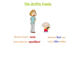 The Griffin Family




Stewie is Lois’s   son      Stewie is her son

Lois is Stewie’s   mother   Lois is his mother
 
