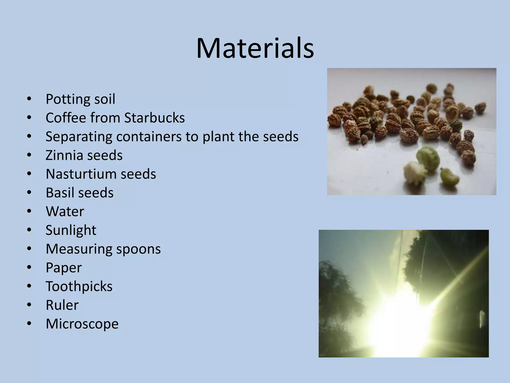 MaterialsPotting soilCoffee from StarbucksSeparating containers to plant the seedsZinnia seedsNasturtium seedsBasil seedsWaterSunlightMeasuring spoonsPaperToothpicksRulerMicroscope