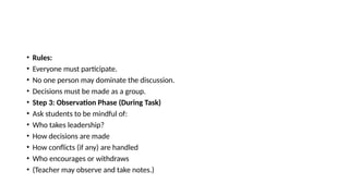 • Rules:
• Everyone must participate.
• No one person may dominate the discussion.
• Decisions must be made as a group.
• Step 3: Observation Phase (During Task)
• Ask students to be mindful of:
• Who takes leadership?
• How decisions are made
• How conflicts (if any) are handled
• Who encourages or withdraws
• (Teacher may observe and take notes.)
 
