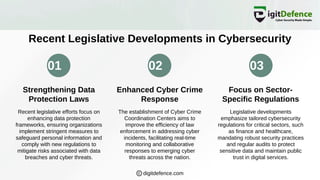 01 02 03
Recent Legislative Developments in Cybersecurity
Strengthening Data
Protection Laws
Enhanced Cyber Crime
Response
Focus on Sector-
Specific Regulations
Recent legislative efforts focus on
enhancing data protection
frameworks, ensuring organizations
implement stringent measures to
safeguard personal information and
comply with new regulations to
mitigate risks associated with data
breaches and cyber threats.
The establishment of Cyber Crime
Coordination Centers aims to
improve the efficiency of law
enforcement in addressing cyber
incidents, facilitating real-time
monitoring and collaborative
responses to emerging cyber
threats across the nation.
Legislative developments
emphasize tailored cybersecurity
regulations for critical sectors, such
as finance and healthcare,
mandating robust security practices
and regular audits to protect
sensitive data and maintain public
trust in digital services.
digitdefence.com
 