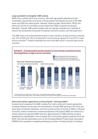 12
Large potential to strengthen SME activity
SMEs form a critical part of any economy, with both high growth potential and high
vulnerability. Economists have found a strong positive link between the size of the SME
sector and GDP per capita growth. However, leading studies (World Bank, OECD and
others) do not find an immediate causal impact from SMEs to growth and poverty
alleviation. Instead, SME growth programmes are typically motivated by a rationale to
improve the productivity and growth of important economic sectors over the longer term.
The SME sector has strong potential to grow in poor countries, as they currently contribute
only 16% of GDP and 18% of employment in low income as against 51% and 57% in high
income countries42
. Exhibit 6 illustrates the size of the SME sector in low and high income
countries.
Direct and indirect approaches to financing the “missing middle”
Investors tend to approach the SME markets from both a direct and indirect perspective.
Investing indirectly can be done via intermediaries, through SME banking in PE funds and
other types of financial institutions, who then provide access to finance to SMEs in all types
of sectors. Indirect investments in financial institutions that support SMEs are viewed as a
critical method of supporting SME financing. Best practices for SME banking are being
established by stakeholders in the European DFI communities, global investment firms like
SEAF and financial associations such as the Emerging Market Private Equity Association
(EMPEA) that specialise in targeting developing countries. Investing directly in individual
18
57
0
20
40
60
80
100
100
Low income
countries*
28
15
100
High income
countries*
53
29
11 13
31 35
54 58
37
8
New Zealand
Share of employment from other sectors (%)
56
33
100
Bulgaria
100
Nigeria
49
38
100
Cameroon
31
39
28
37
100 100 100
18
24
GermanyEcuador
Share of employment from formal SME sector (%)**
Share of employment from informal sector (%)
Share of total employment by business type (%)
Exhibit 6 – Formal small business sectors in low income countriesare less
developed than in high income countries
*Contribution percents are median values for income group. ** Only includes businesses operating in formal sector
Source: Ayyagari, Beck and Demirguc-Kunt, ―Small and Medium Enterprises across the Globe: A New Database‖, World Bank 2003; Dalberg analysis
Low income versus high income countries Specific country examples
 