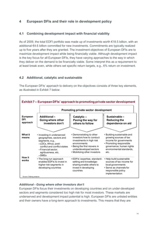 14
4 European DFIs and their role in development policy
4.1 Combining development impact with financial viability
As of 2009, the total EDFI portfolio was made up of investments worth €18.5 billion, with an
additional €4.6 billion committed for new investments. Commitments are typically realized
up to five years after they are granted. The investment objectives of European DFIs are to
maximize development impact while being financially viable. Although development impact
is the key focus for all European DFIs, they have varying approaches to the way in which
they deliver on the demand to be financially viable. Some interpret this as a requirement to
at least break even, while others set specific return targets, e.g., 6% return on investment.
4.2 Additional, catalytic and sustainable
The European DFIs‘ approach to delivery on the objectives consists of three key elements,
as illustrated in Exhibit 7 below:
Additional - Going where other investors don‟t
European DFIs focus their investments on developing countries and on under-developed
sectors and segments considered too high risk for most investors. These markets are
underserved and development impact potential is high. European DFIs are unlisted entities
and their owners have a long-term approach to investments. This means that they are
Promoting private sector development
Exhibit 7 – European DFIs’ approach to promoting private sector development
Source: Dalberg analysis
Additional –
Going where other
investors don’t
Catalytic –
Paving the way for
others to follow
Sustainable –
Reducing the
dependence on aid
• The long-run approach
enables EDFIs to invest in
higher risk segments in
developing countries
What it
means
How it
works
• Demonstrating to other
investors how to conduct
investments in high risk
environments
• Being the first movers in
underdeveloped sectors
• Mobilizing other investors
• Help build sustainable
sources of tax income for
local governments
• Serve as channels for
responsible policy
implementation
European
DFI
approach
• Investing in underserved
geographies, sectors and
segments, e.g.,
–LDCs, Africa, post-
conflict and conflict states
–Financial sector,
agribusiness, etc.
–SMEs
• Building sustainable and
growing sources of tax
income for governments
• Promoting responsible
governance, human rights
environmental standards,
etc.
• EDFIs‘ expertise, standard-
setting and knowledge-
sharing enable others to
invest in developing
countries
 