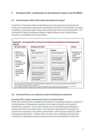 25
5 European DFIs’ contribution to development impact and the MDGs
5.1 How European DFIs think about development impact
Investment in the private sectors of developing economies generates development by
creating new employment opportunities, generating profits that are spent locally, increasing
competition, expanding supply chains and providing other direct and indirect benefits. The
individual DFIs define development effects in slightly different ways. Exhibit 9 below
presents a consolidated view of these effects.
5.2 Increased focus on systems to track development outcomes
European DFIs employ measurement tools to evaluate impact
Public and private funders of development activities are increasingly calling for evidence of
the effectiveness of development spending, so the need to document the impact of
investments is growing65
. A lot of work has been put into developing methodologies to
capture both direct and indirect impact. The trade-off to capturing all the development
impacts of an investment is the need to invest further in the resources required to collect
the necessary information. Therefore, DFIs are faced with a challenge of tracking their
contribution to development outcomes while at the same time keeping the costs down.
Exhibit 9 – European DFI’s direct and indirect contributions to development
effects
* Net currency effects estimate the total contributions to the national balance of payments (exports minus imports). This is a useful measure because many developing
countries have a balance of payments deficit, so contributing to reserves gives stability to the macroeconomic environment and supports the central bank
** ESG denotes environmental, social and governance factors
Source: Swedfund. (2008): ―New thinking, new markets - Sustainability report 2008‖; Norfund. (2008): ―Creates value, combats poverty – Contribution to
development 2008‖; DEG. (2008): ―Corporate policy rating (―GPR‖); CDC. (2008):‖Development Report 2008;‖ and Dalberg analysis
• Additional –
Going where
other investors
don‘t
• Catalytic –
Paving the way
for others to
follow
• Sustainable –
Breaking the
dependency
cycle
Directemployment
• Equitable and
sustainable
global
development
across the
MDGs
Indirectemployment
Localand regional
economic growth
Growth of supply chain
Demonstrationeffects,
increased competition
Improved local
Infrastructure
Capacity building (tech-
transfer,know how)
Profits
Governmentrevenue
Improved ESGfactors
foremployees
Direct Indirect
Development effect ImpactDFI value-added
Netcurrency effects*
OtherESG effects in
broadercommunity **
 